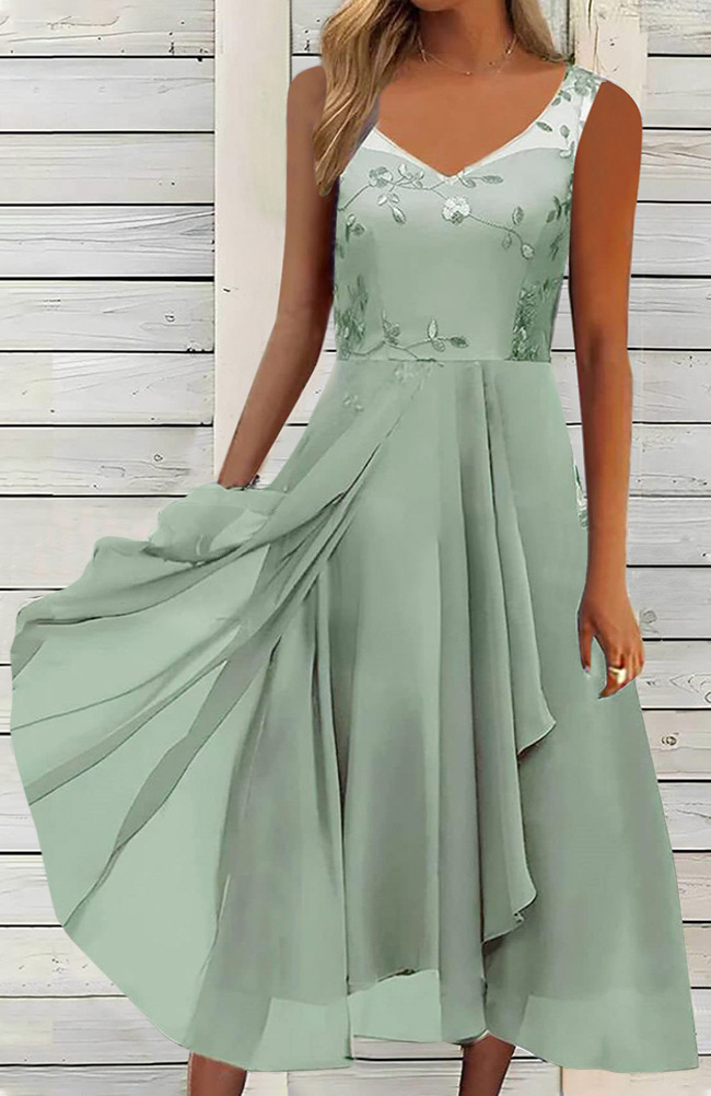 Sleeveless Chiffon Dress with Mesh Lace Panels and High-Low Hem