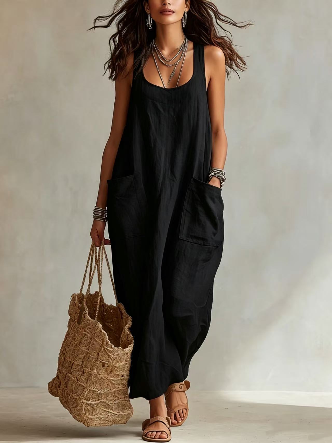 Women's Sleeveless A-Line Maxi Dress with Pockets