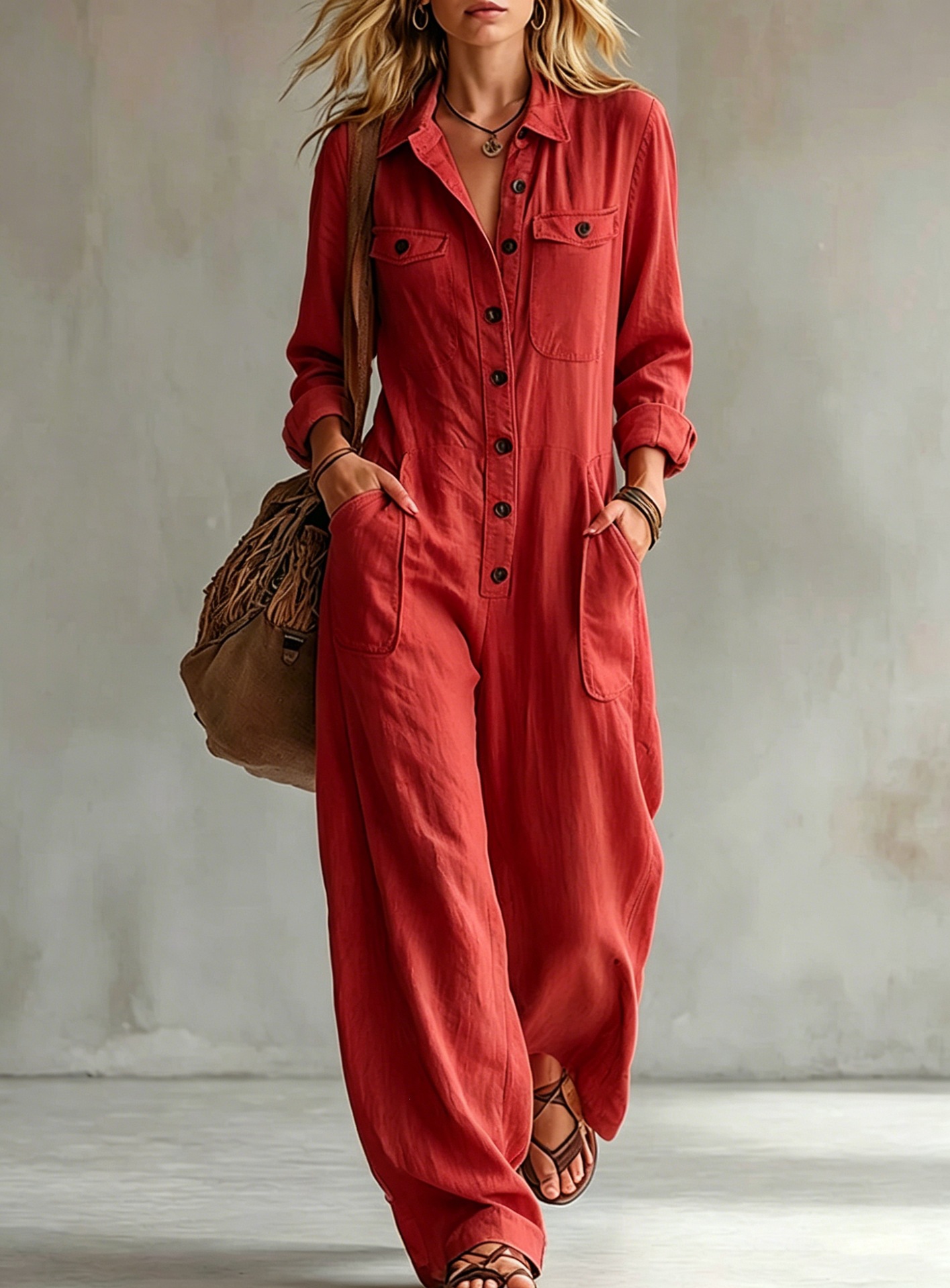 Women's Linen-Blend Cargo Jumpsuit with Collar, Long Sleeve, Wide Leg, Loose Fit