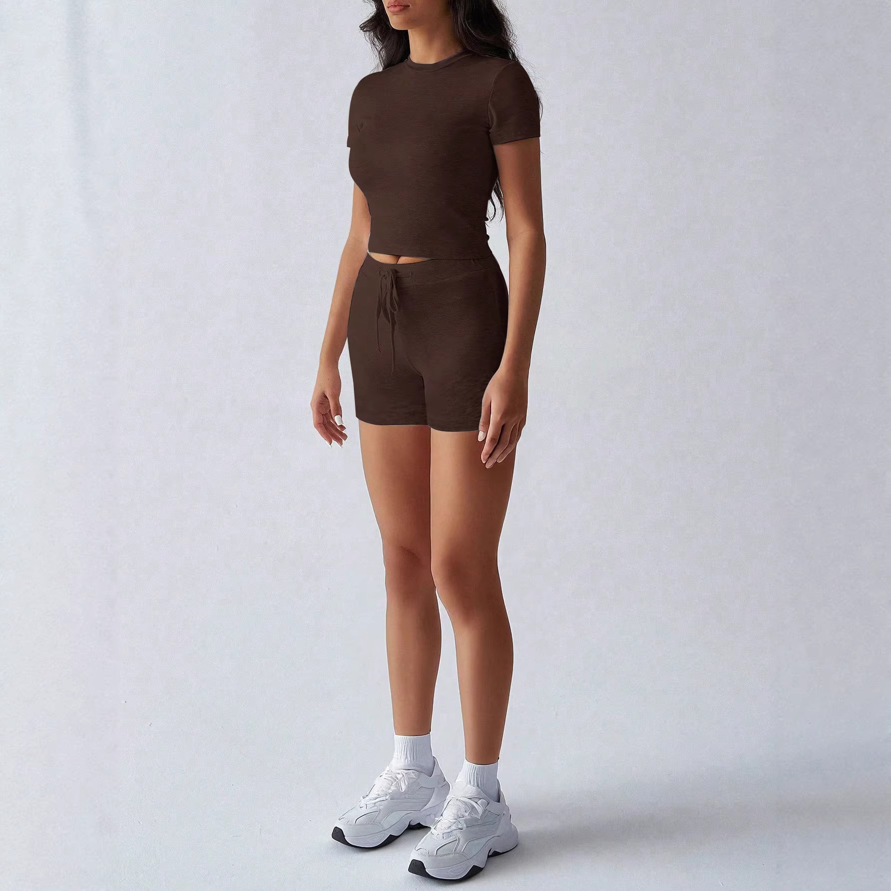 Women's Solid Color Short Sleeve Tie Shorts Yoga Set