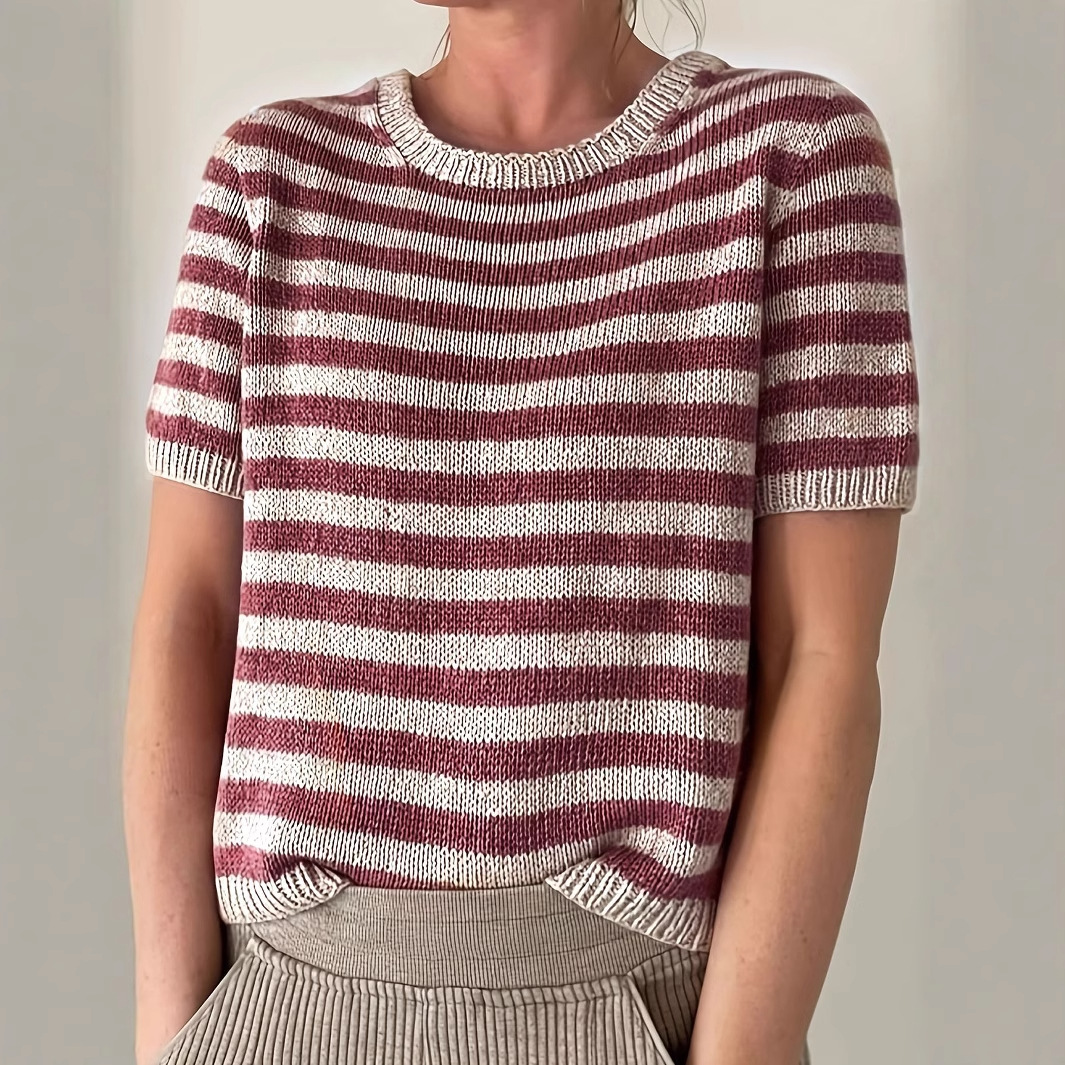 Striped Short Sleeve Knit Sweater Crewneck Pullover Top