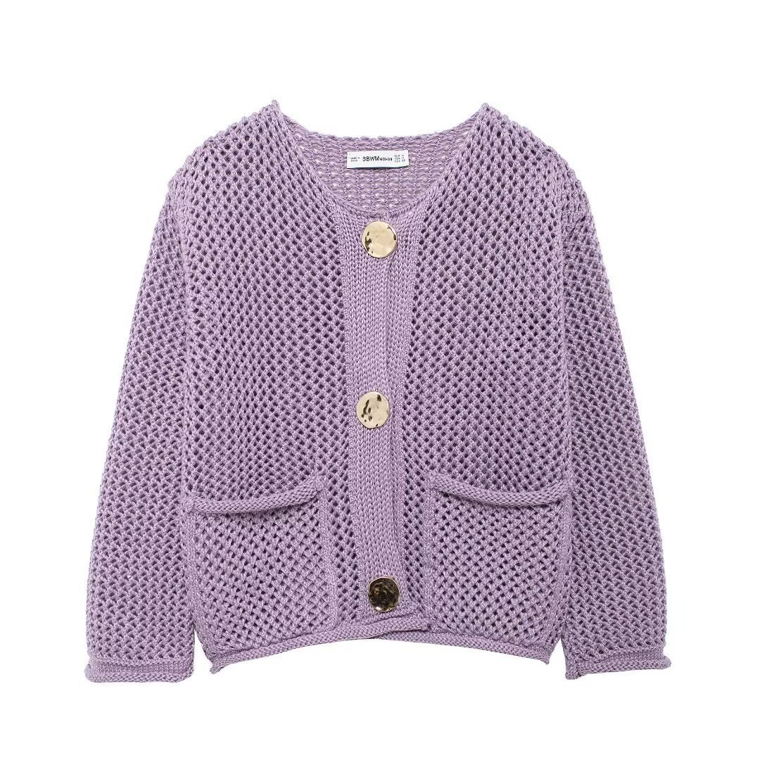 Women's Solid Color Button-Up Knit Cardigan with Pockets Crew Neck Long Sleeve Chunky Sweater Coat