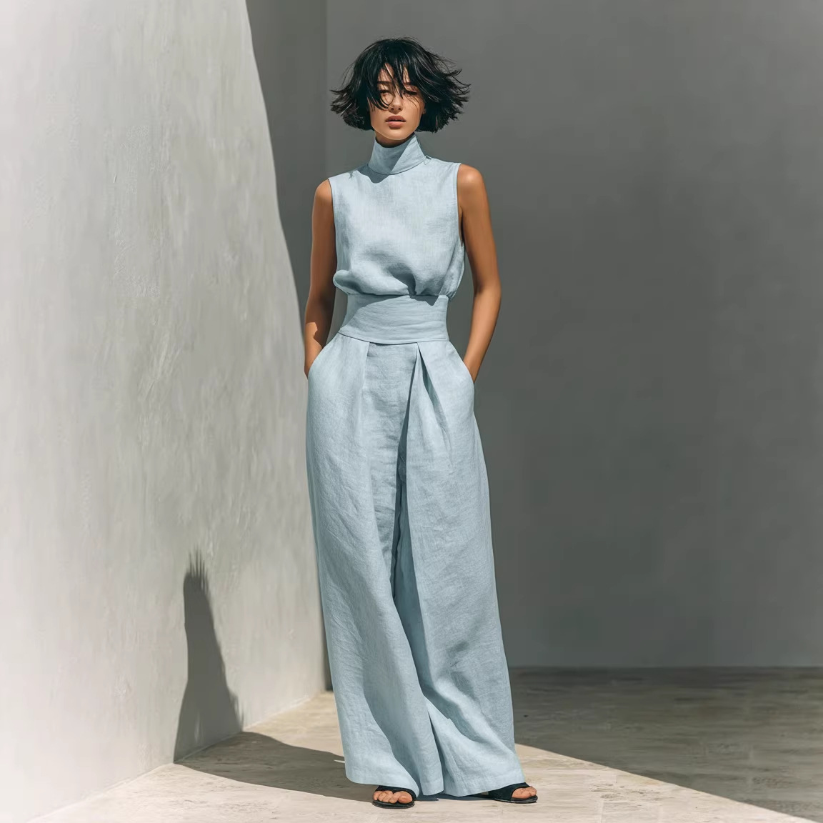 Women's Sleeveless Cotton-Blend Top & Wide-Leg Pants Set