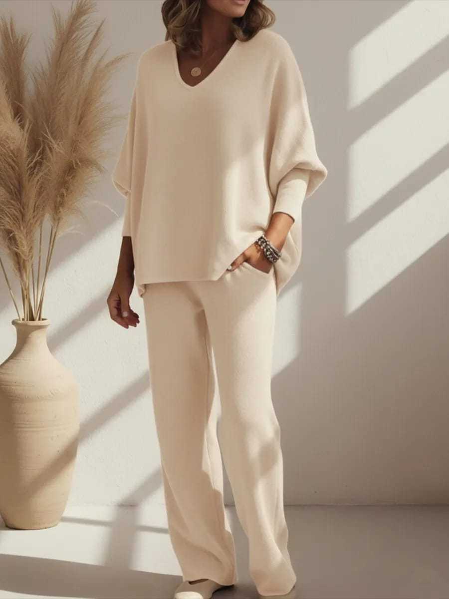 V-Neck Long Sleeve Knit Top and Pants Lounge Set for Women