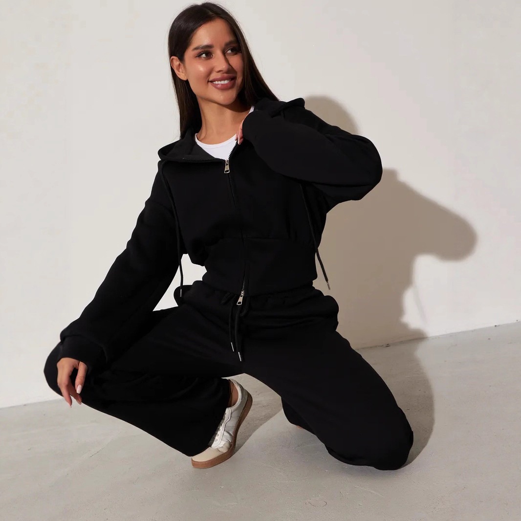 Women's Solid Color Zip Hooded Cardigan and Wide-Leg Pants Two-Piece Set