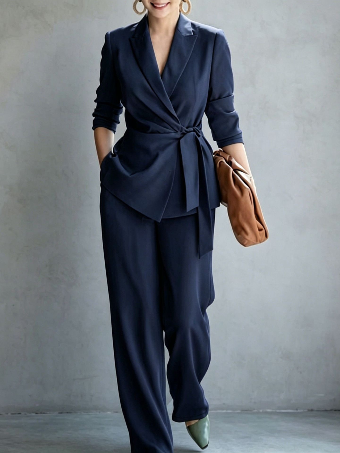 Women's Solid Color Belted Blazer and Pants Two-Piece Set