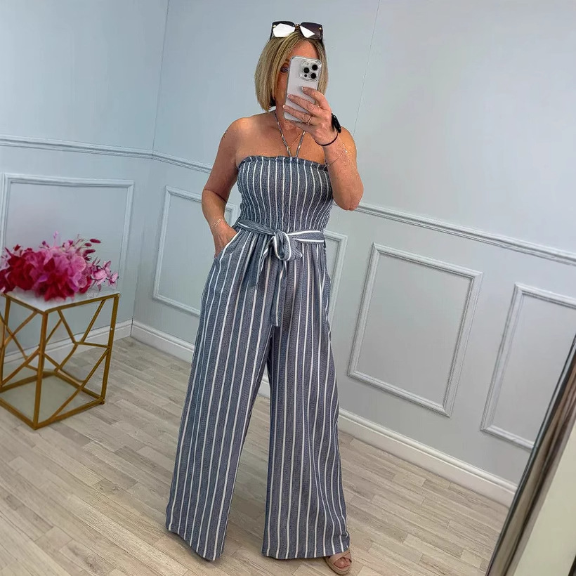 Women's Striped Tie-Waist Sleeveless Jumpsuit with Pockets