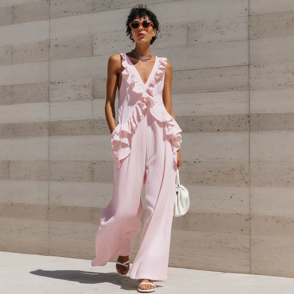 Ruffled Sleeveless V-Neck Solid Cotton-Linen Jumpsuit