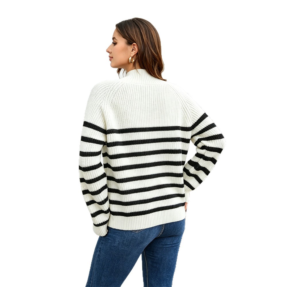 Striped Knit Pullover Sweater with Stand Collar Long Sleeve Loose Fit