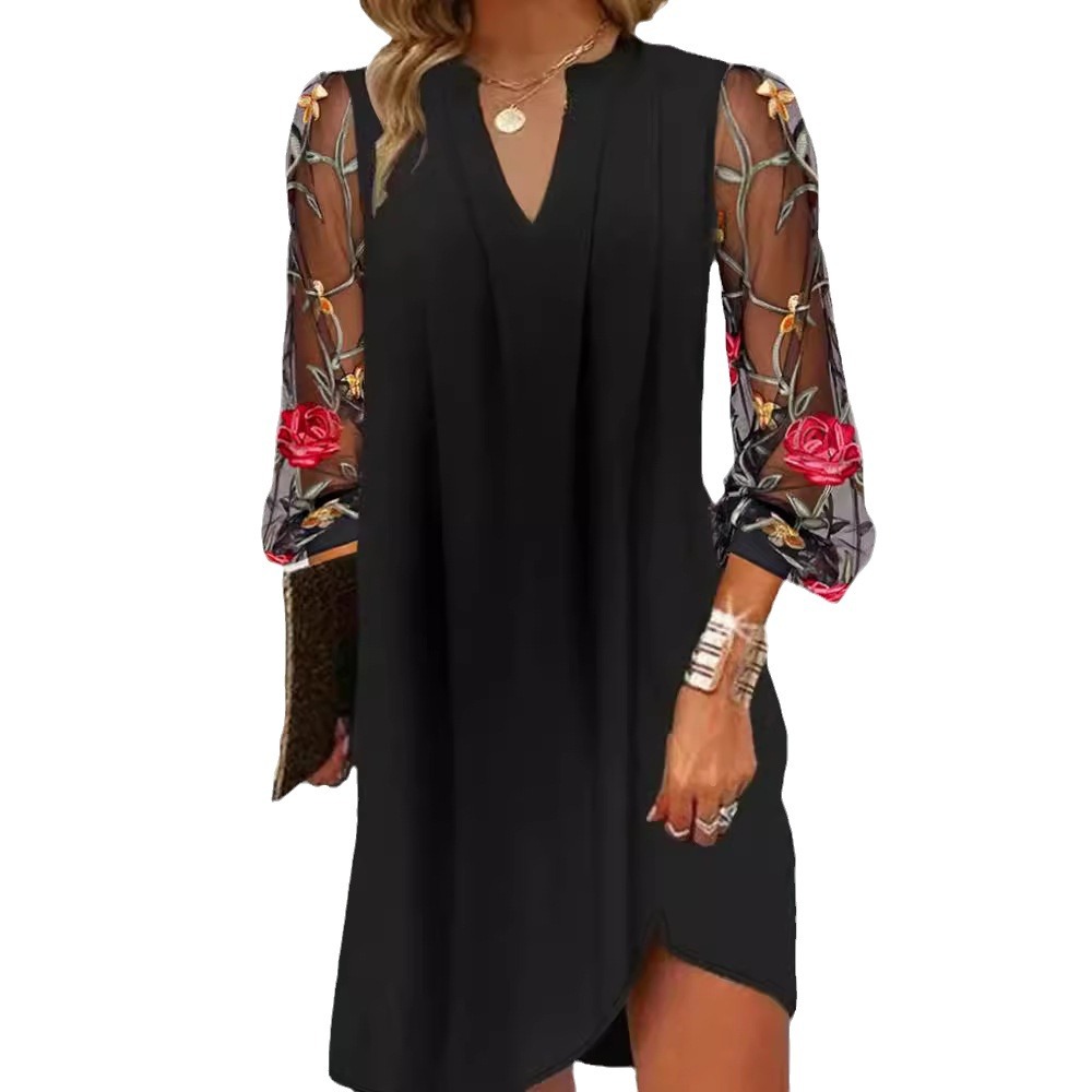 V-Neck Long Sleeve Sheer Floral Pleated Midi Dress