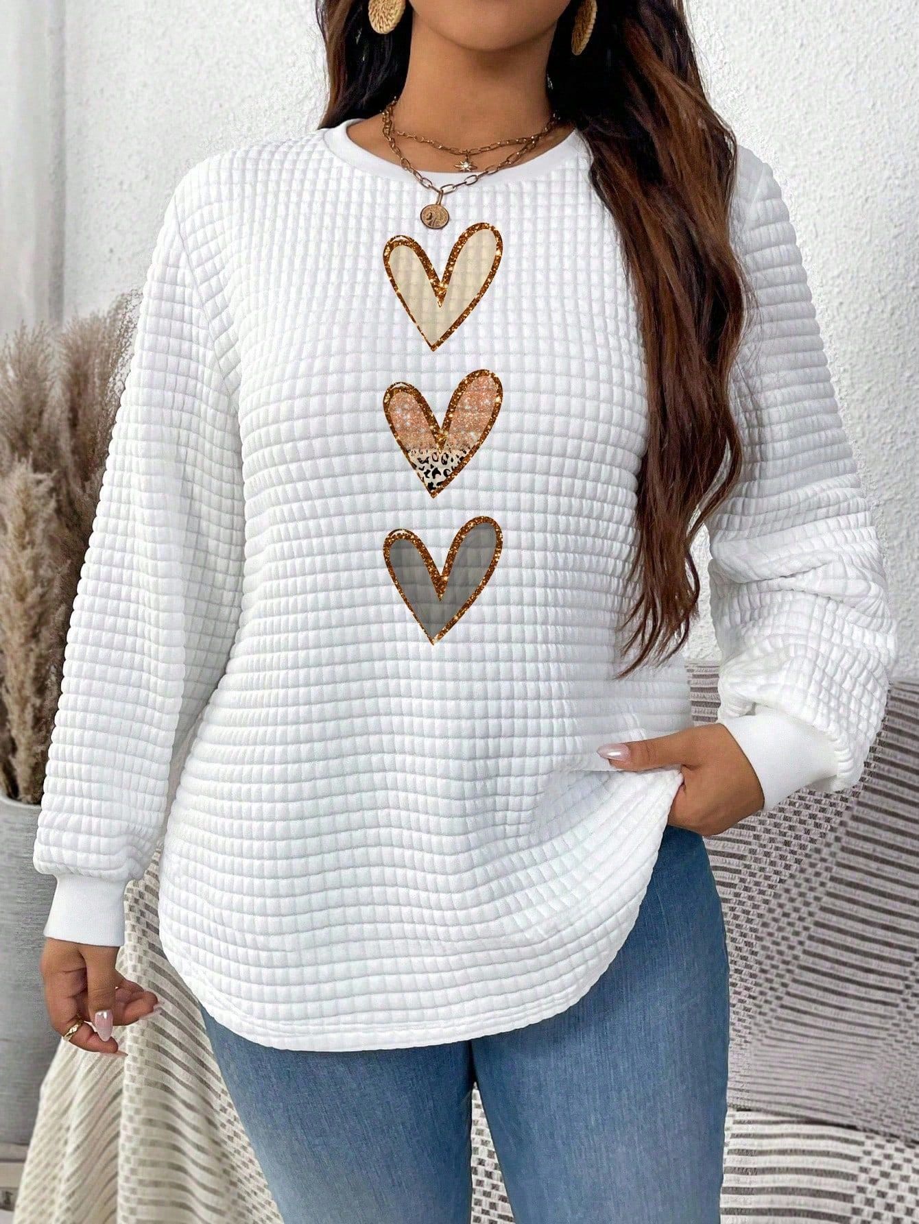 Waffle Knit Heart Print Crewneck Sweatshirt for Women