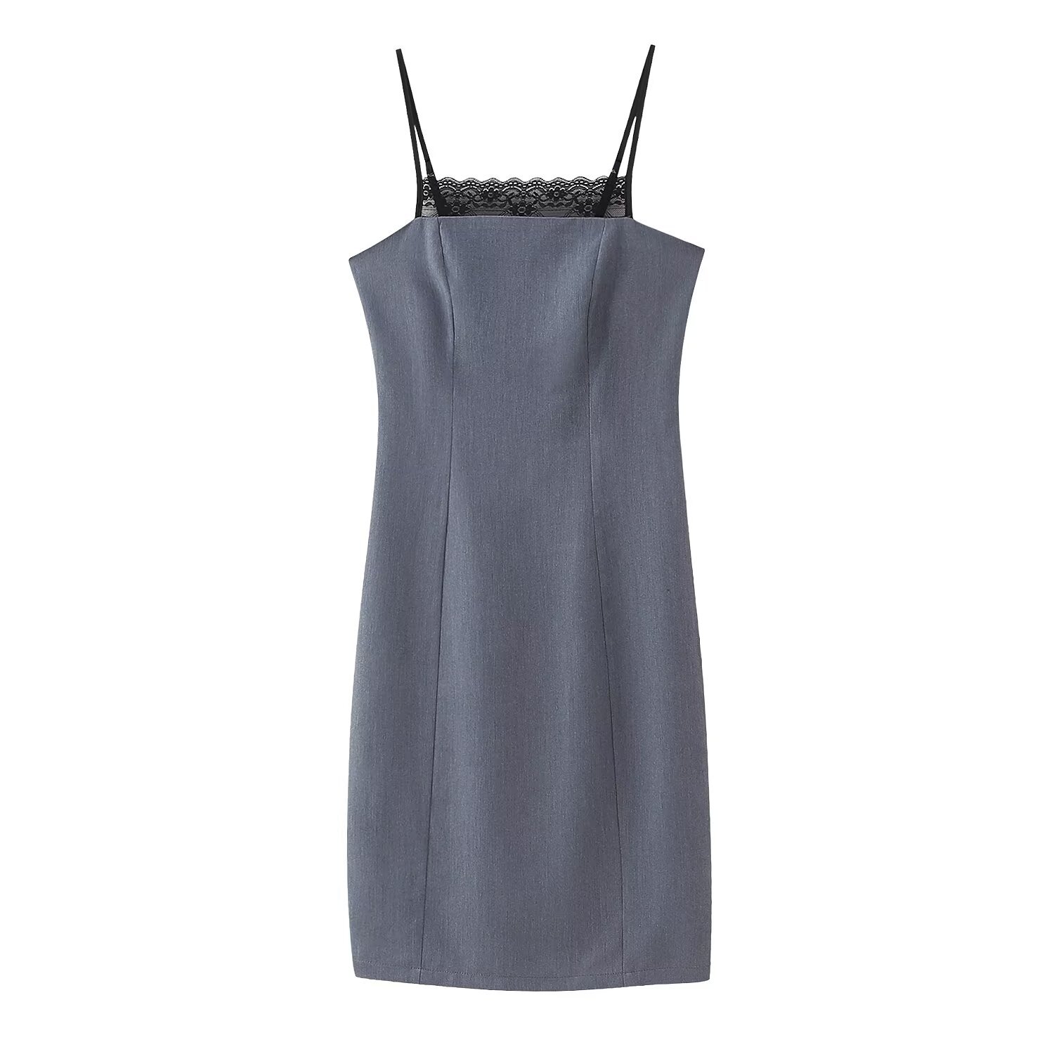 Women's Lace Detail Pinstripe Dress V-Neck Short Sleeve A-Line Midi Gray