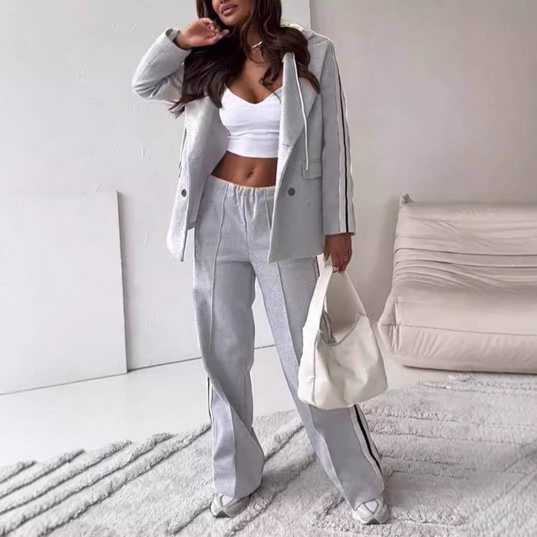 Ribbon Hooded Blazer & Wide-Leg Pants Two-Piece Set