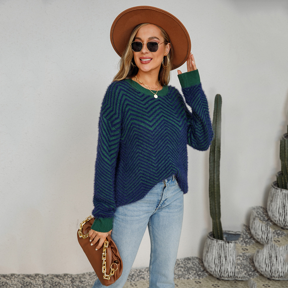 Women's Mink Fur Crewneck Pullover Long Sleeve Sweater