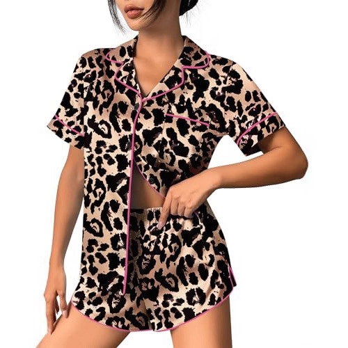 Women's Cuban Collar Leopard Tree Floral Monkey Print Short Sleeve Set