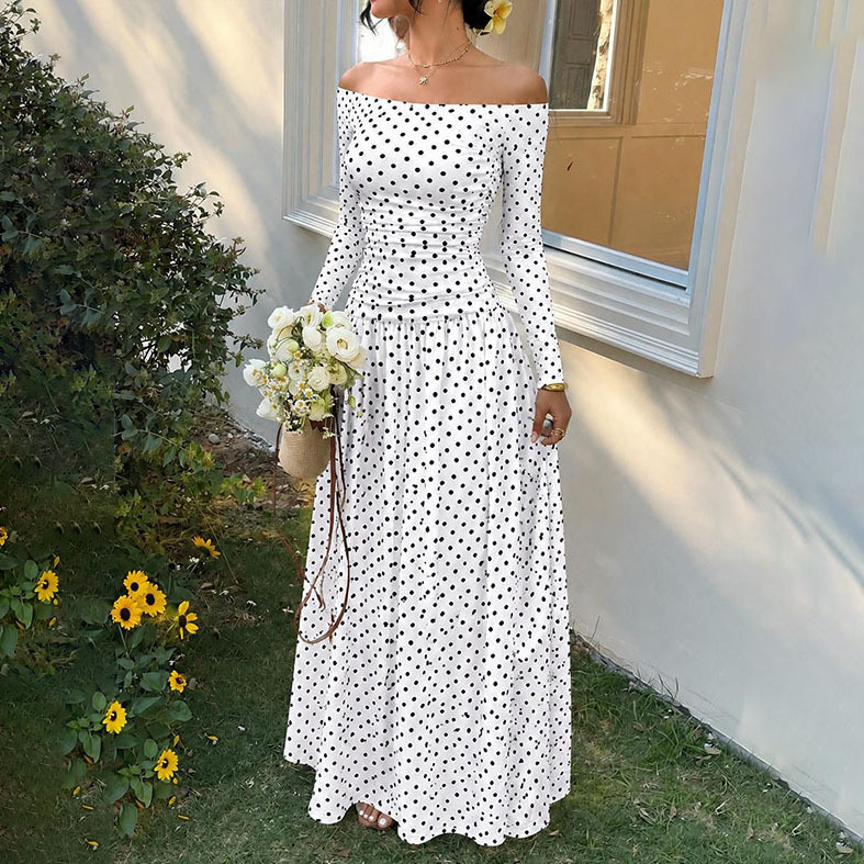 Women's Off-Shoulder Polka Dot Long Sleeve A-Line Dress