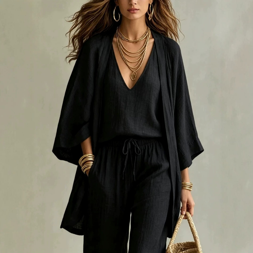 Cotton-Linen Shawl Vest & Pants 3-Piece Set