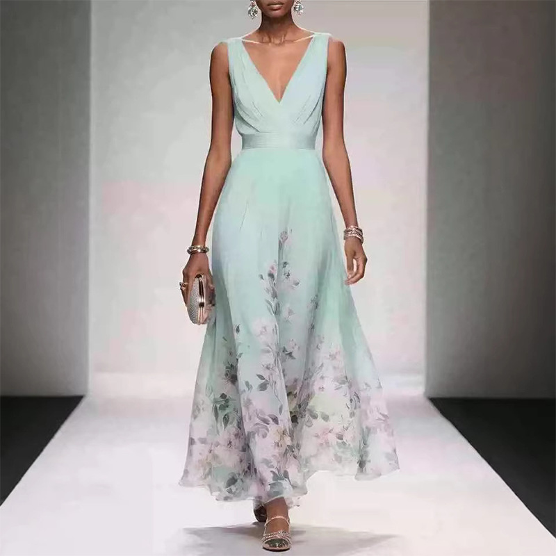 Women's Botanical Print V-Neck Sleeveless A-Line Maxi Dress