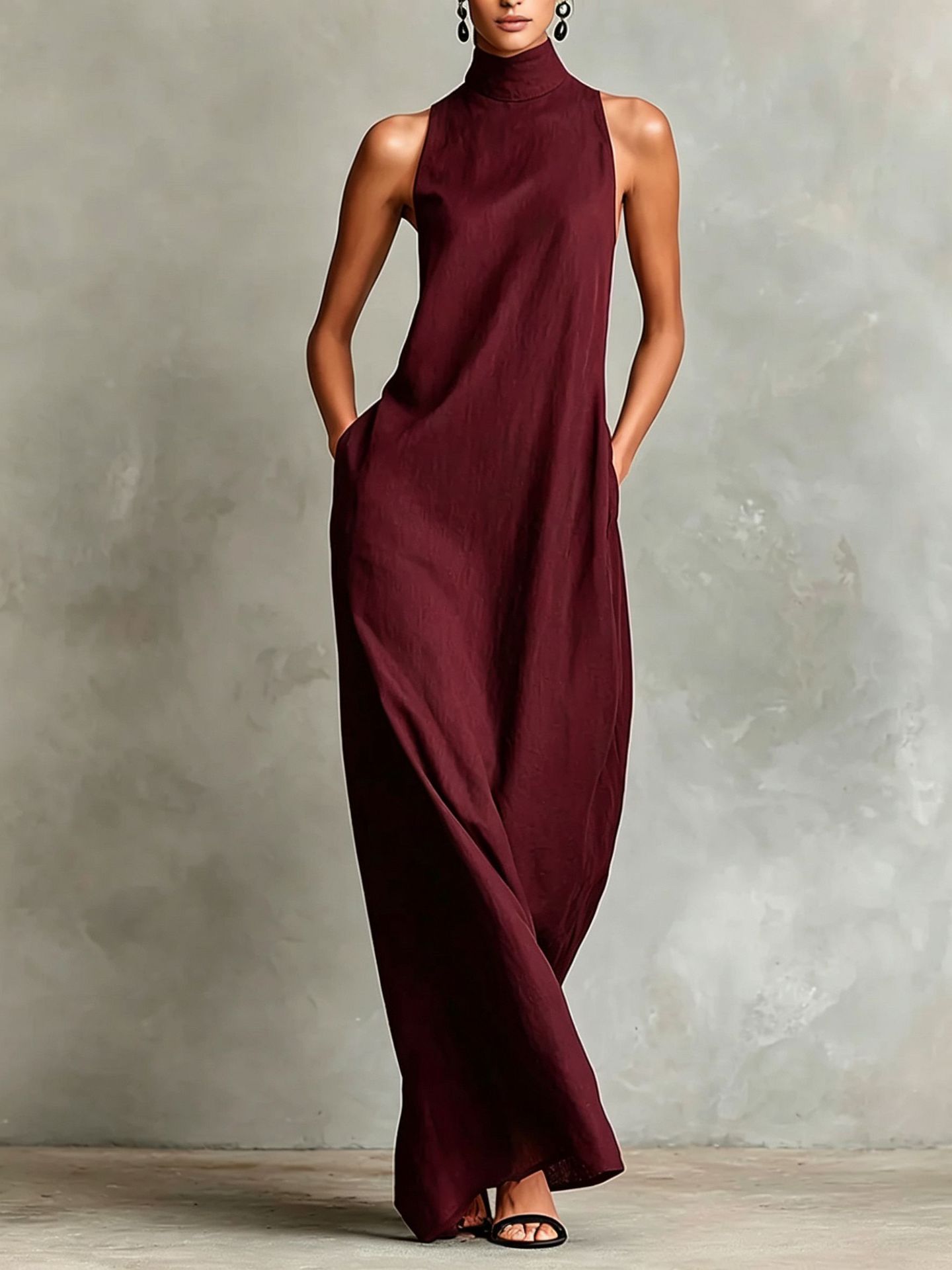 Linen High Neck Sleeveless A-Line Maxi Dress