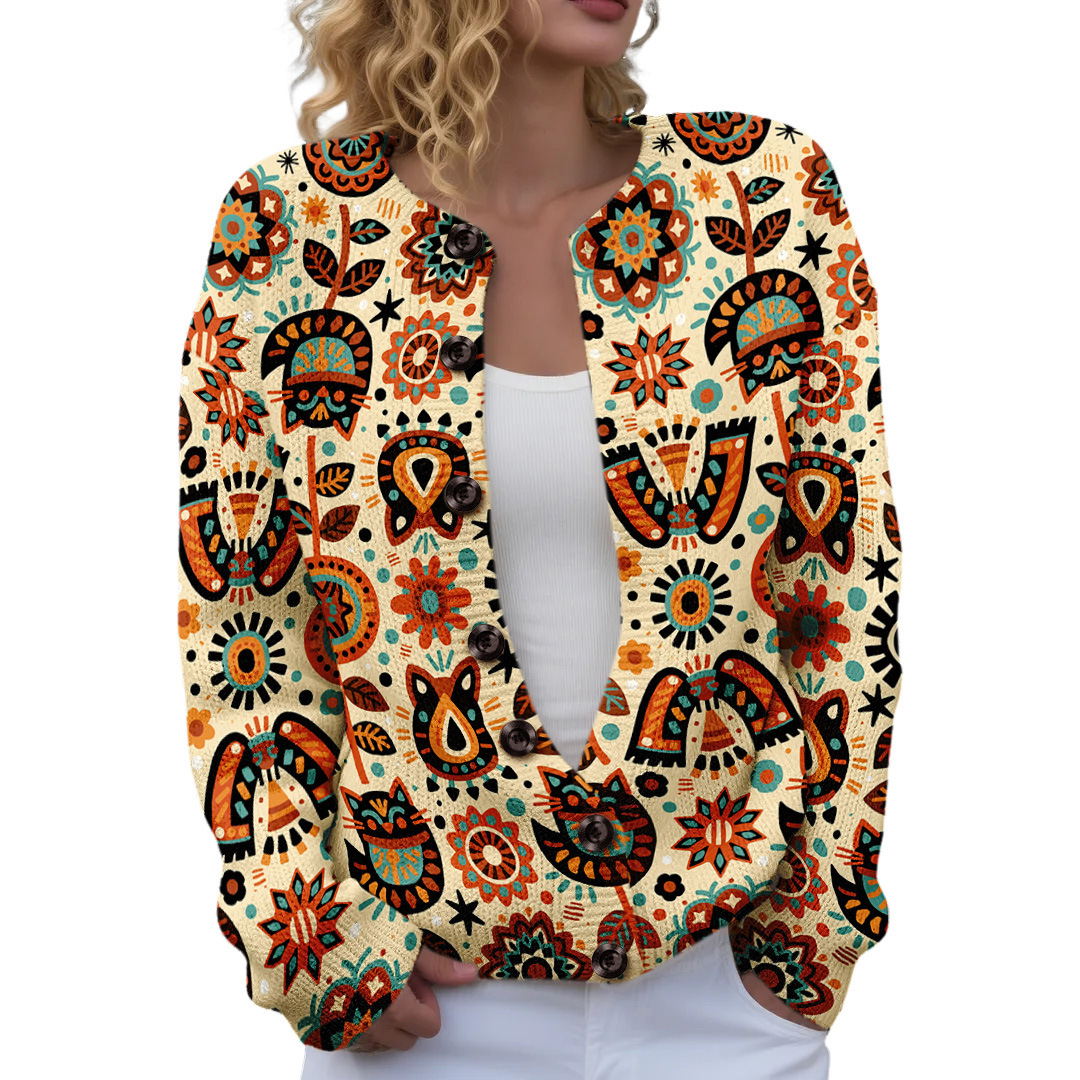 Women's Floral Maple Leaf Print Button Cardigan