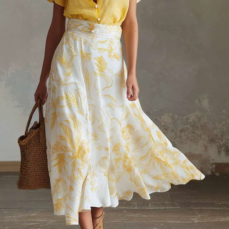 Elegant Summer Vacation Set: Yellow Cotton-Linen T-Shirt & Moon Print Chiffon Skirt