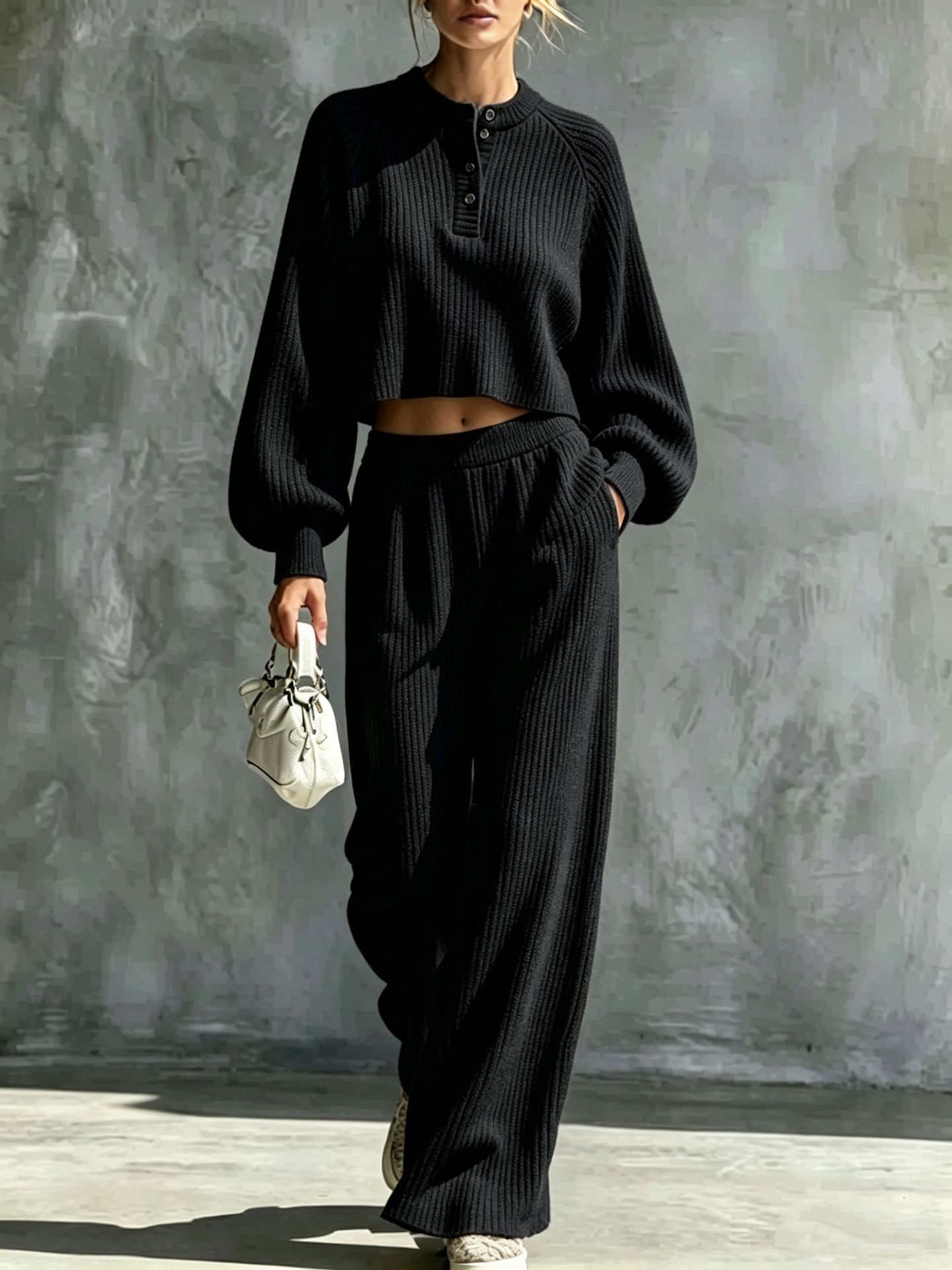 Women's Solid Color Knit Button-Down Loose Two-Piece Set