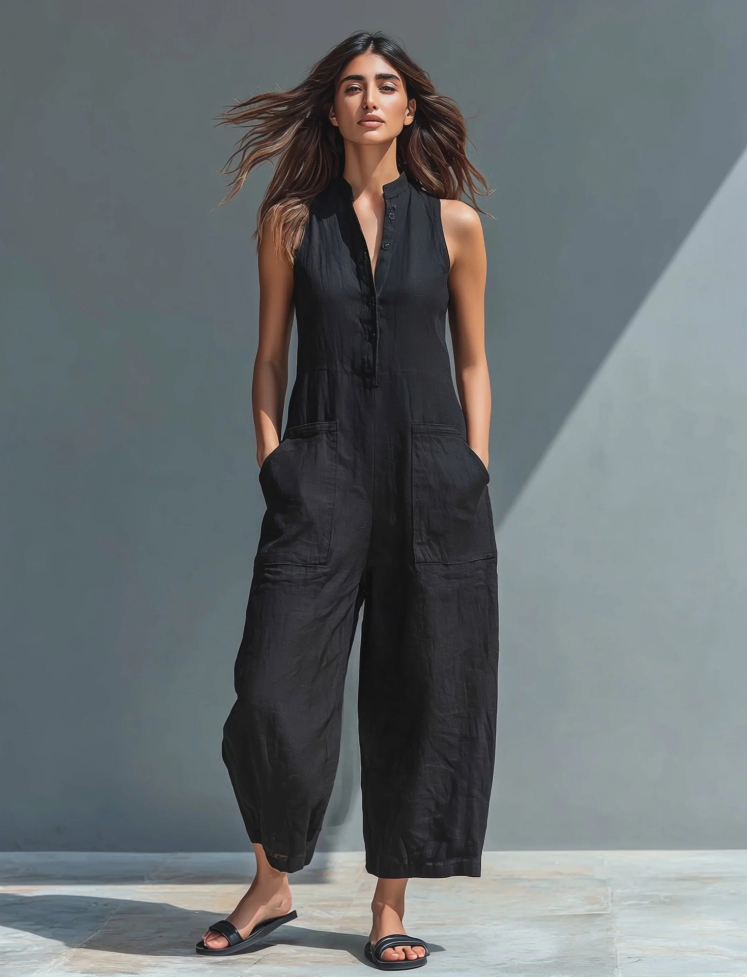 Women's Casual Sleeveless Button-Front Wide-Leg Jumpsuit