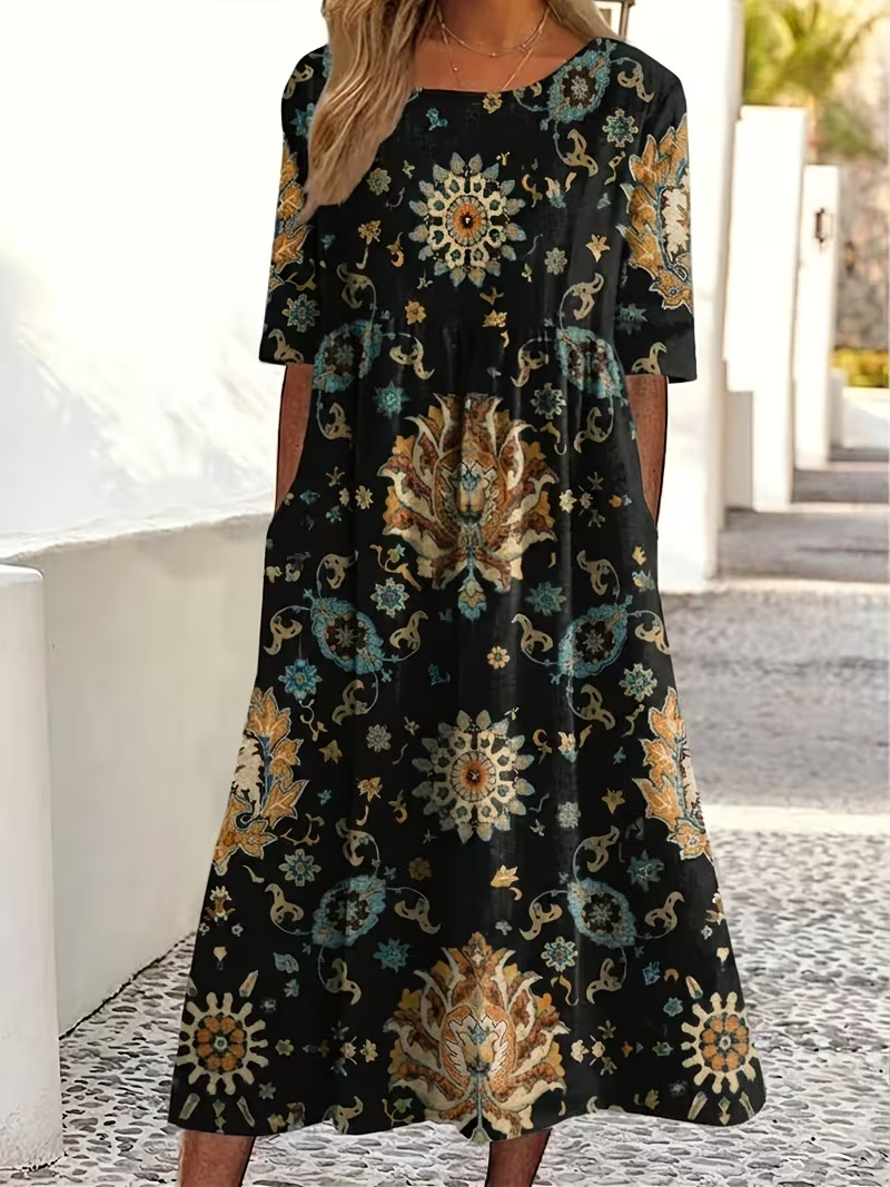 Women's Vintage Floral A-Line Midi Dress
