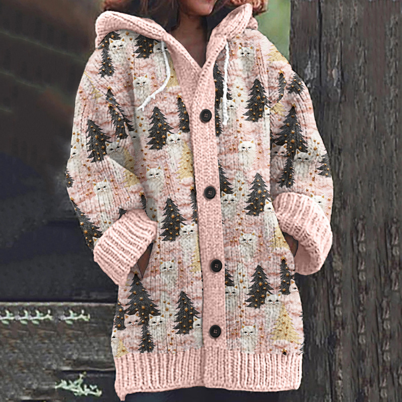 Women's Floral Puppy Rose Print Hooded Button Cardigan Sweater