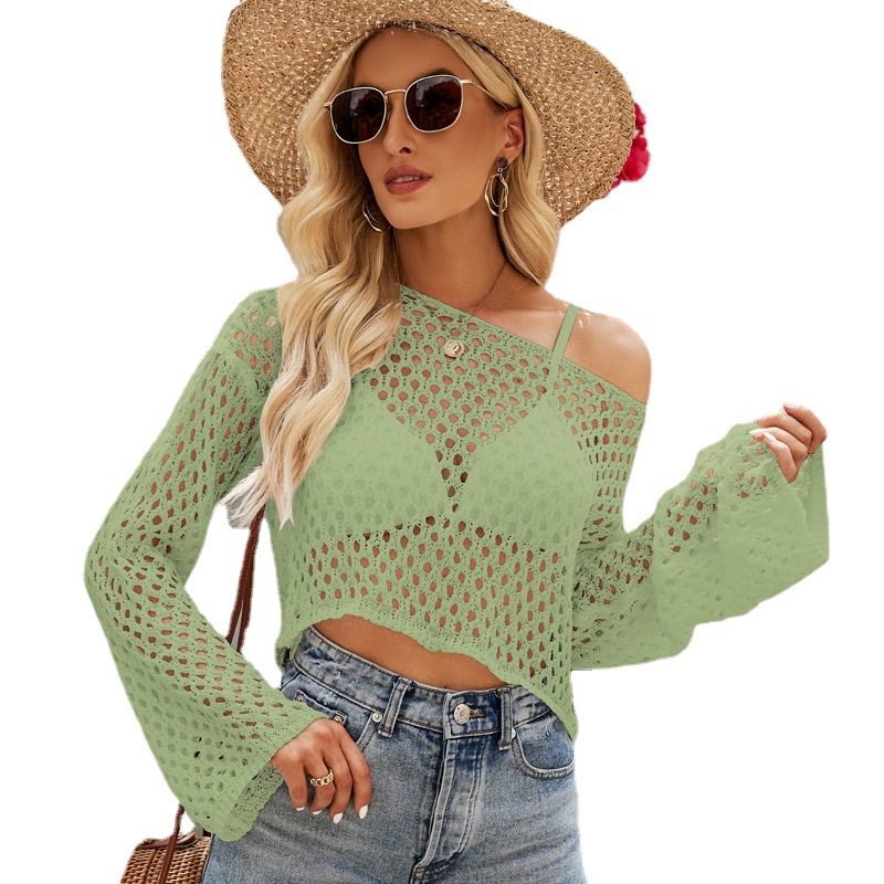 Women's Hollow Out Mesh Knit Crop Top Long Sleeve Sheer Cover-Up