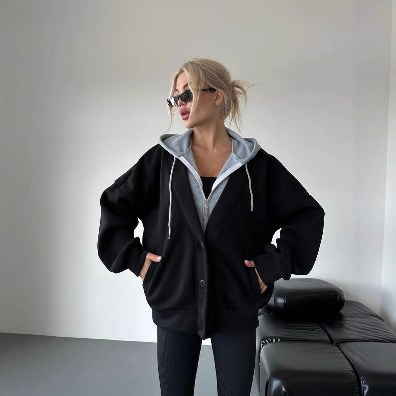 Women's Faux Two-Piece Hooded Zip-Up Sweatshirt Jacket