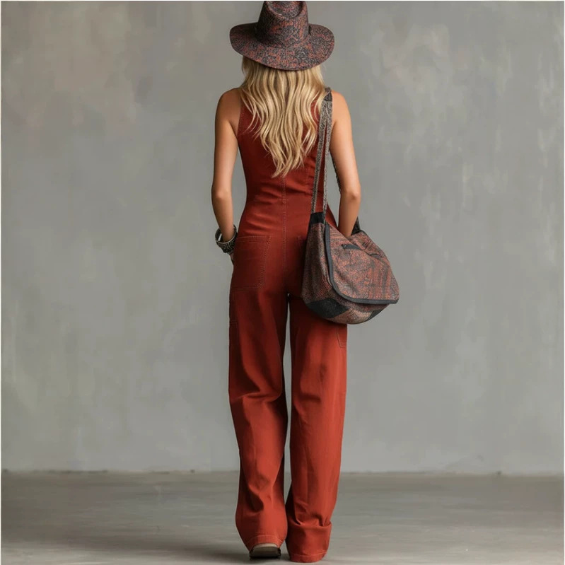 Rust Red Collared Denim Jumpsuit Retro Straight Leg Sleeveless