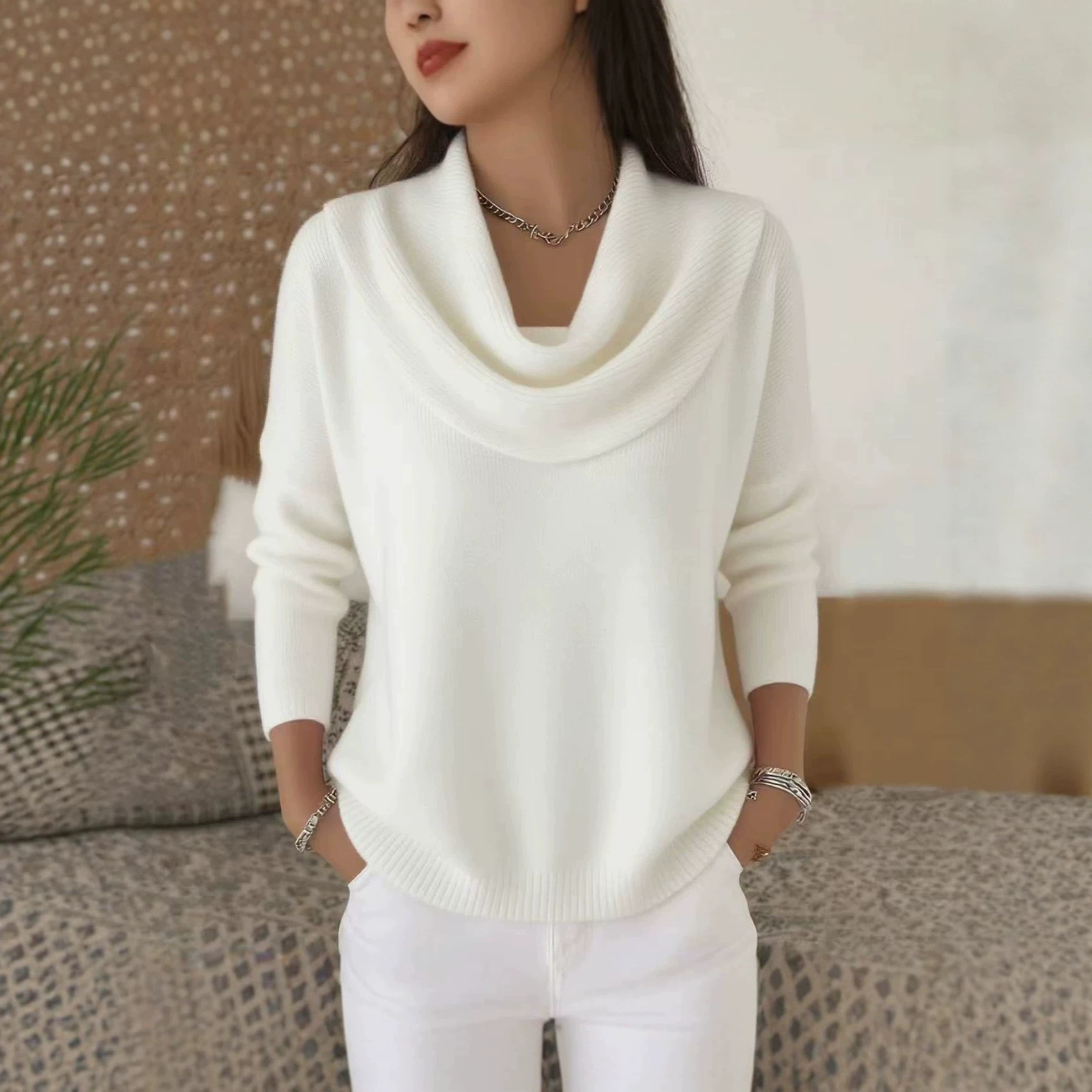 Women's Solid Color Long Sleeve Knit Top with Cowl Neck