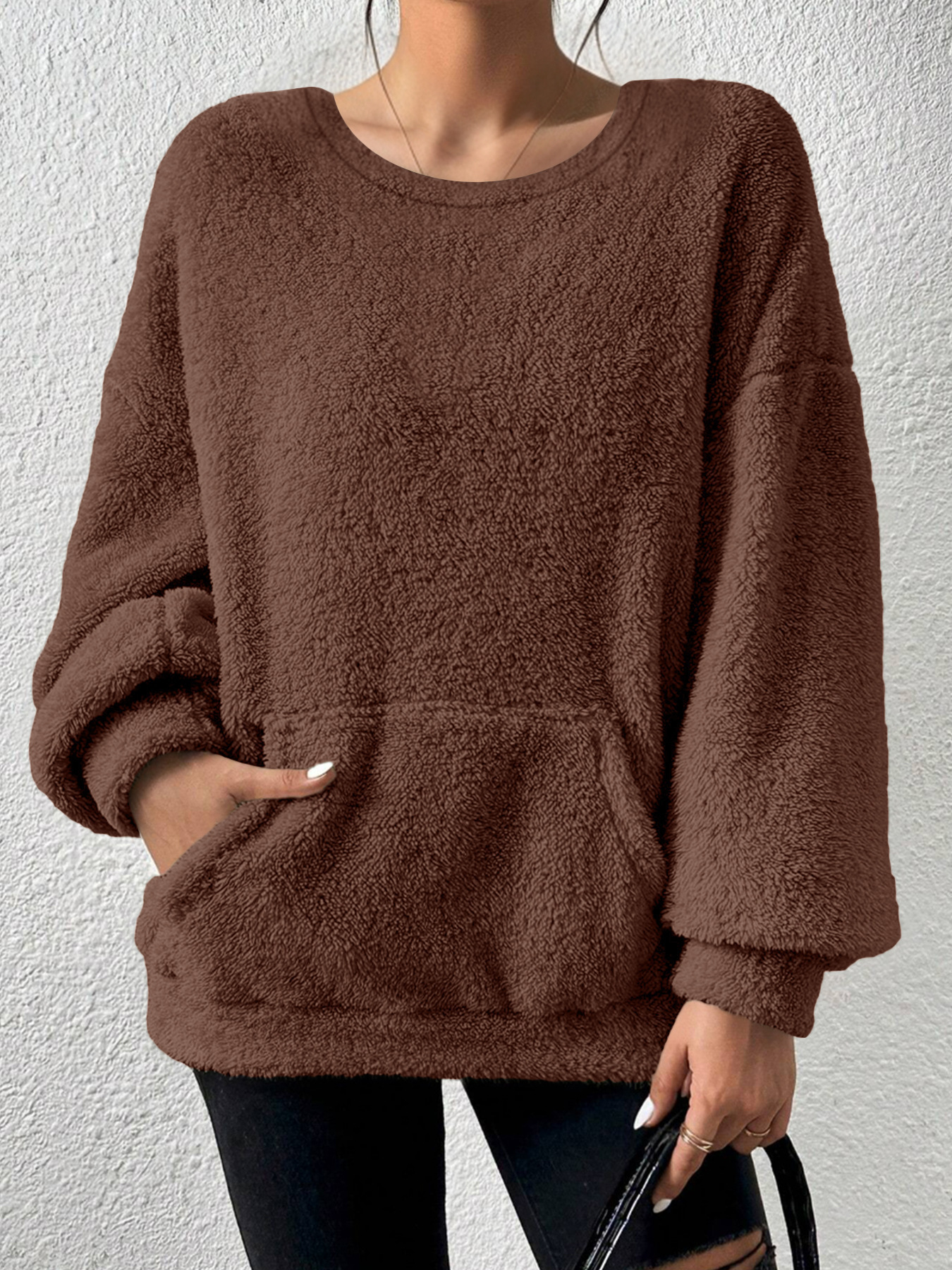 Solid Crewneck Long-Sleeve Pocket Pullover Sweatshirt