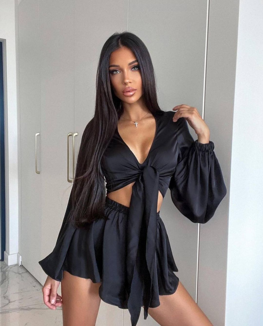 Women's French Lace-Up Long Sleeve Top and Shorts Set