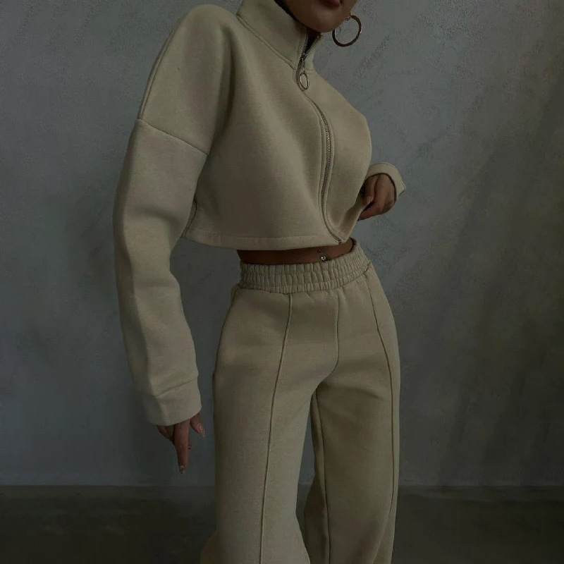 Women's Solid Color Crewneck Long-Sleeve Sweatshirt and Pants Set
