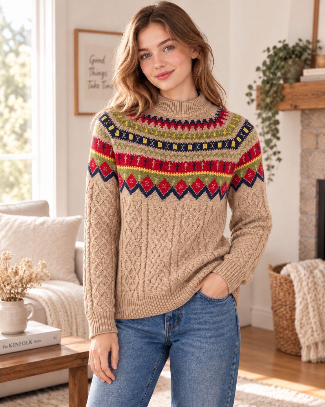 Fair Isle Jacquard Cable Knit Half-Turtleneck Sweater Women Loose Pullover