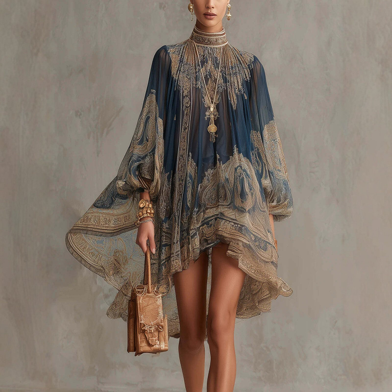 High Neck Printed Midi Dress with Long Sleeves and Shawl, Loose Boho Vacation Style
