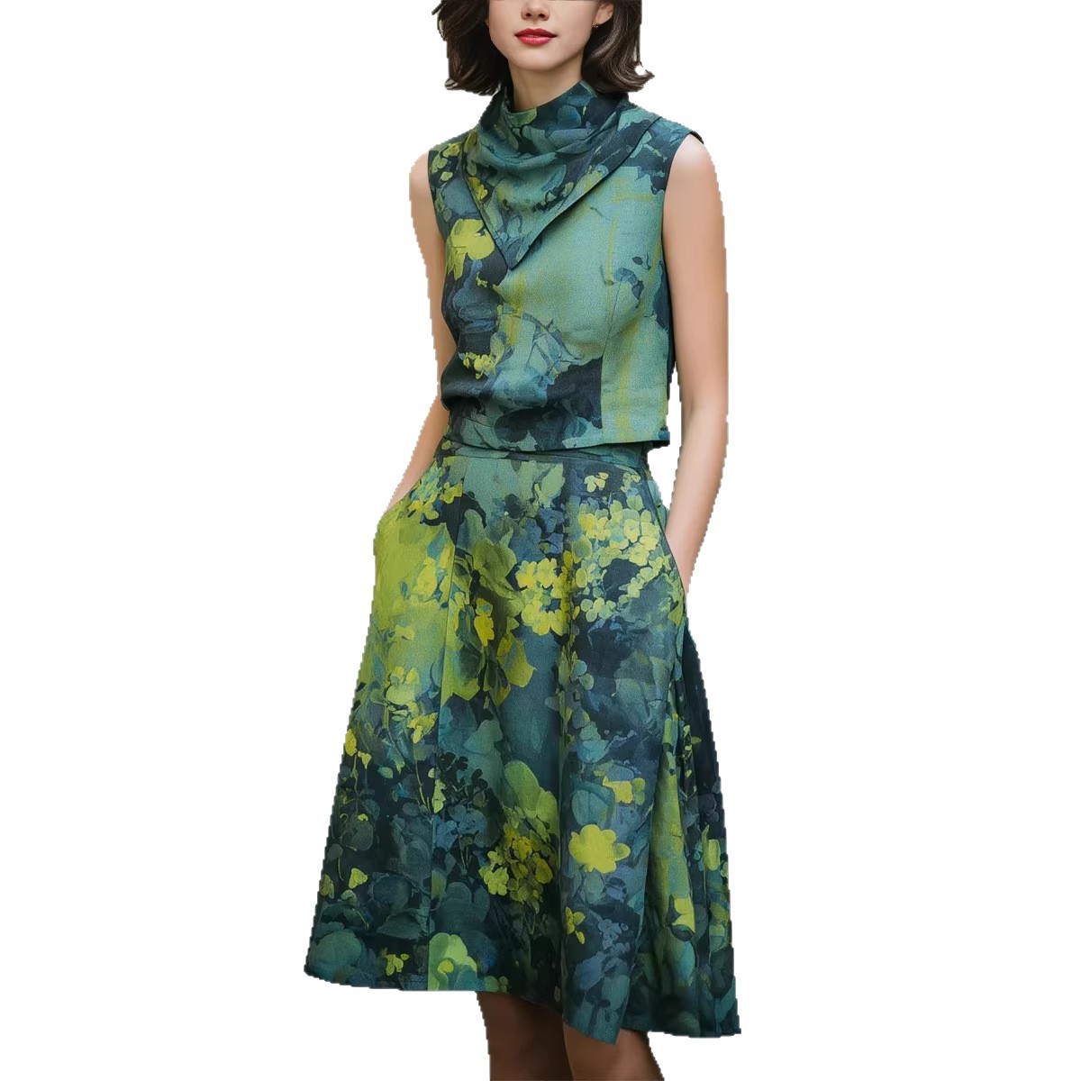 V-Neck Waist-Defined Ruffle Floral Print Midi Dress