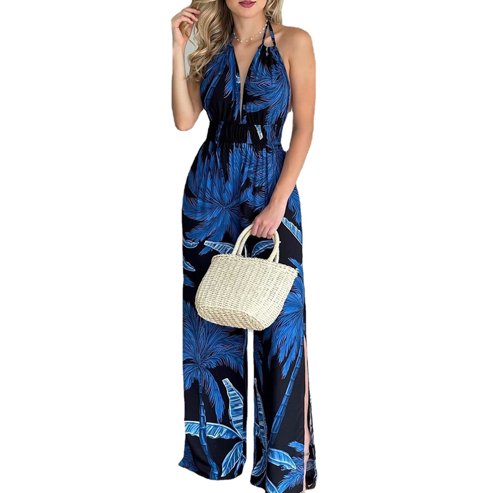 Women's Digital Print Sleeveless Jumpsuit with V-Neck and Wide Leg