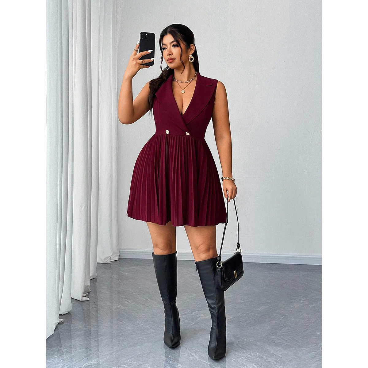 Wine Red Sleeveless Deep V-Neck Pleated Mini Dress Plus Size Slimming Party Dress