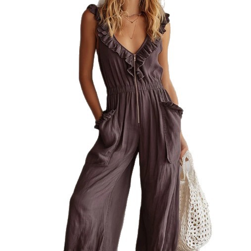 Sleeveless Ruffle Trim Wide-Leg Jumpsuit