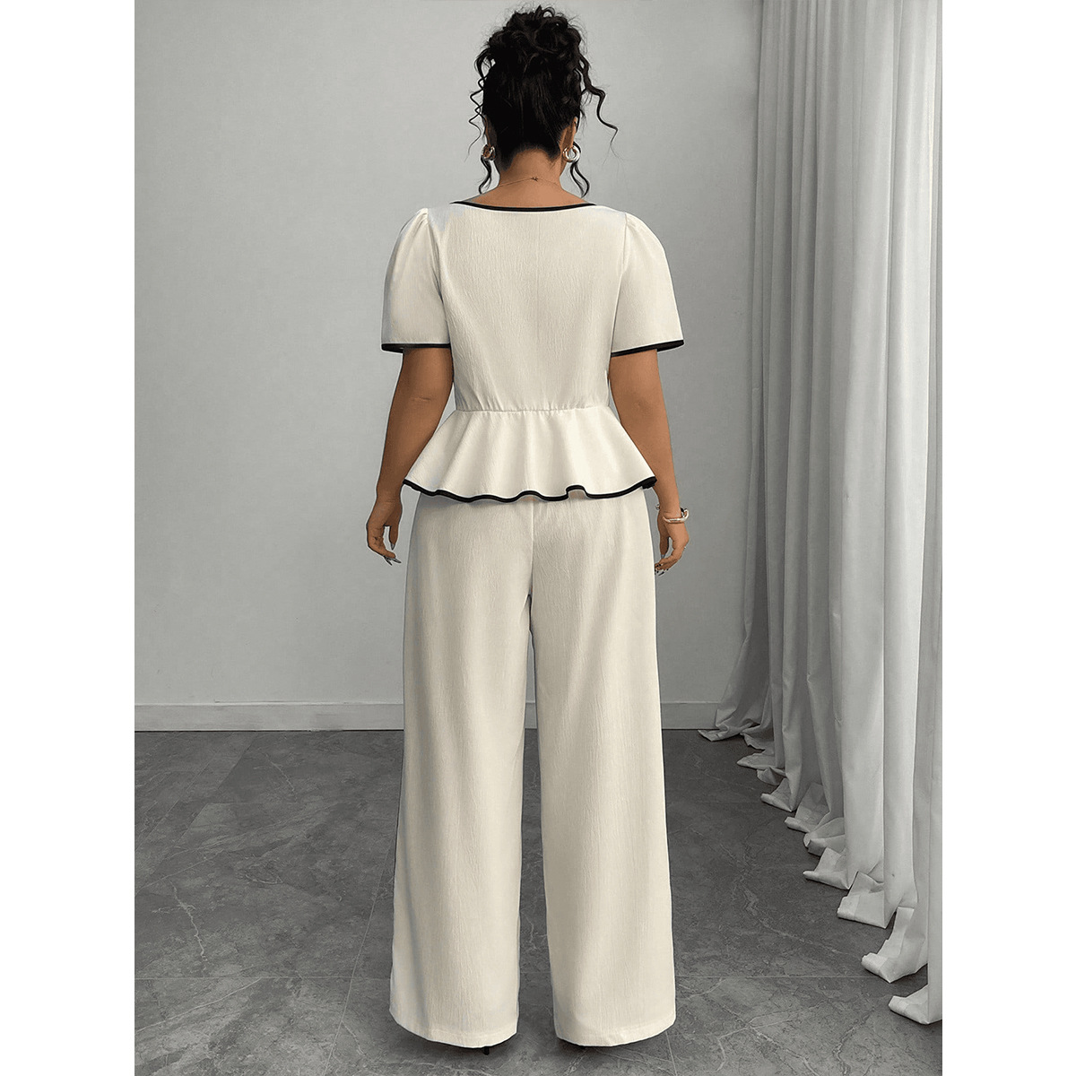 Plus Size French Square Neck Colorblock Two-Piece Set with Waist-Cinching Ruffle Top and Wide-Leg Pants
