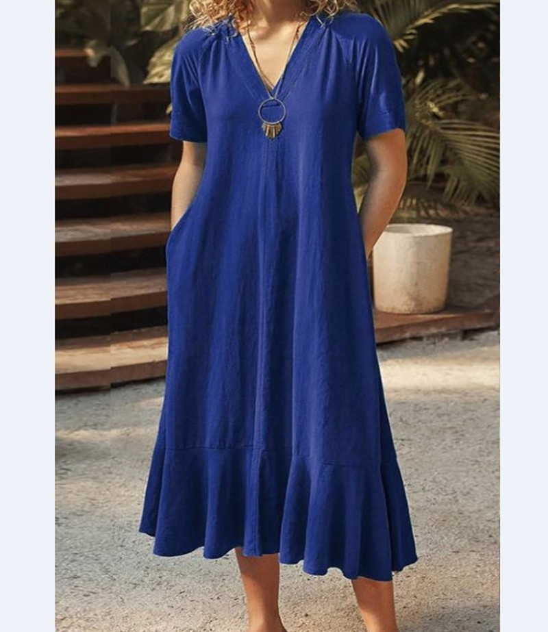 Women's Solid V-Neck Tie Short Sleeve A-Line Long Dress
