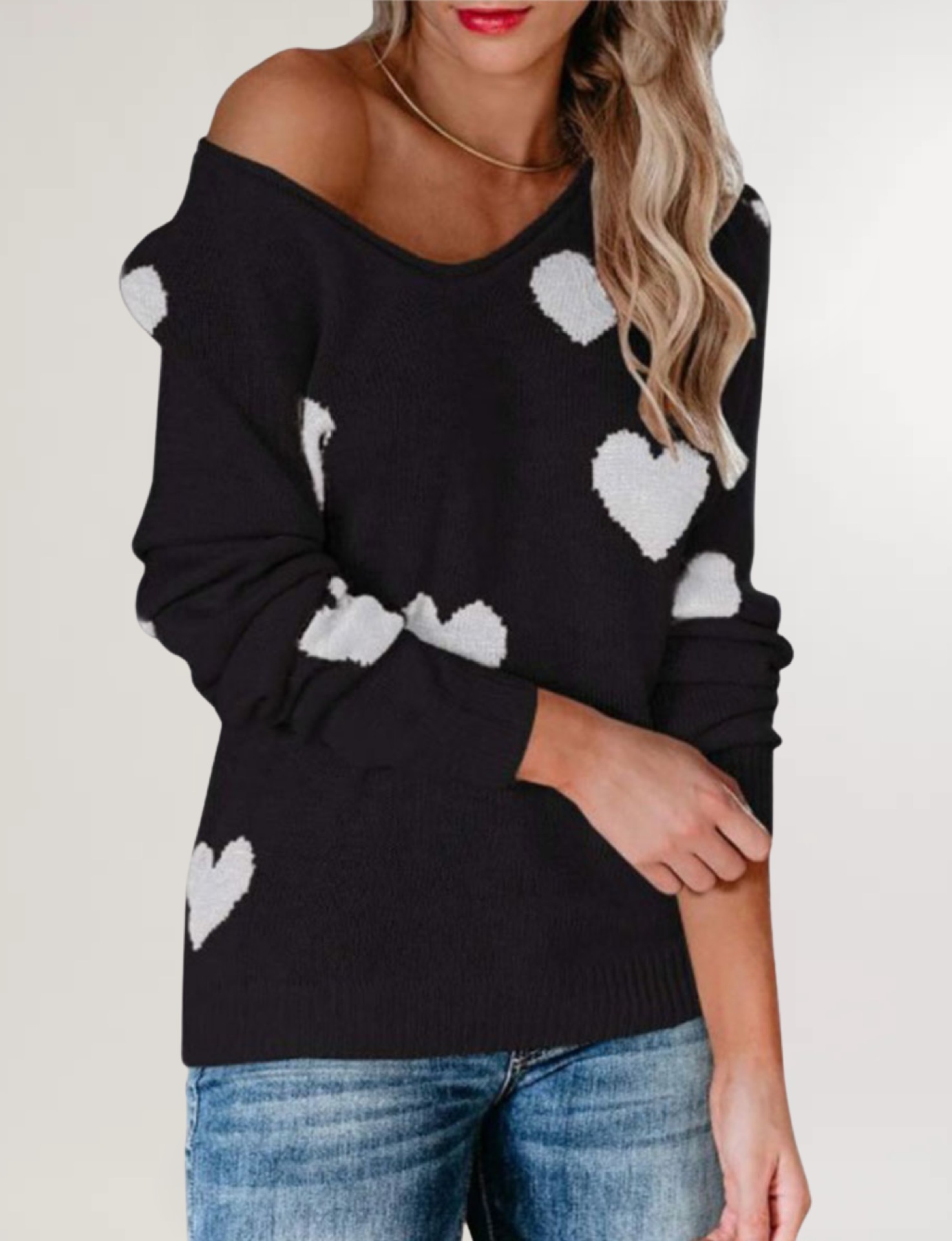 Women's Loose Heart V-Neck Knit Sweater