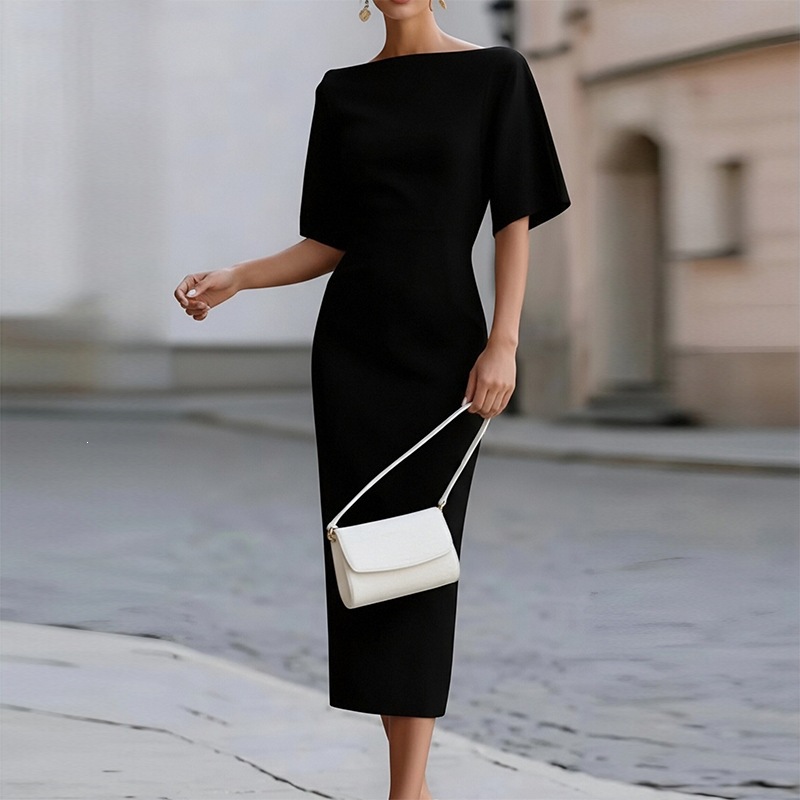 Women's Slim Fit Square Neck Midi Dress Solid Color