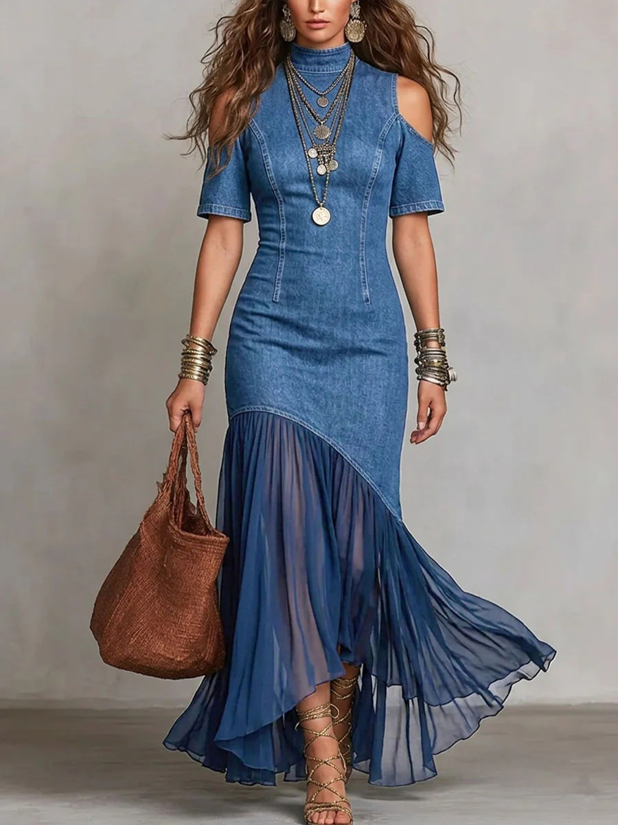 Off-Shoulder Short Sleeve French Mesh Hem Dress