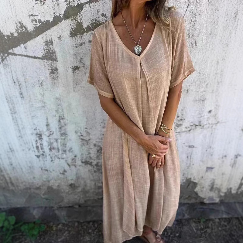 Cotton-Linen V-Neck Semi-Formal Dress