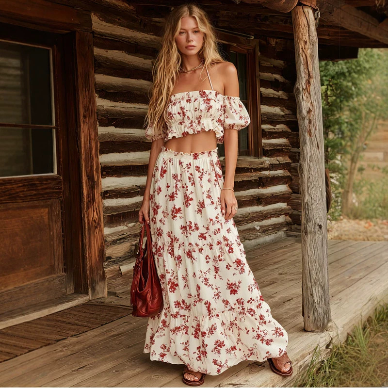 Western Vintage Print Off-White Short-Sleeve Tie-Waist Top and Long Skirt Set