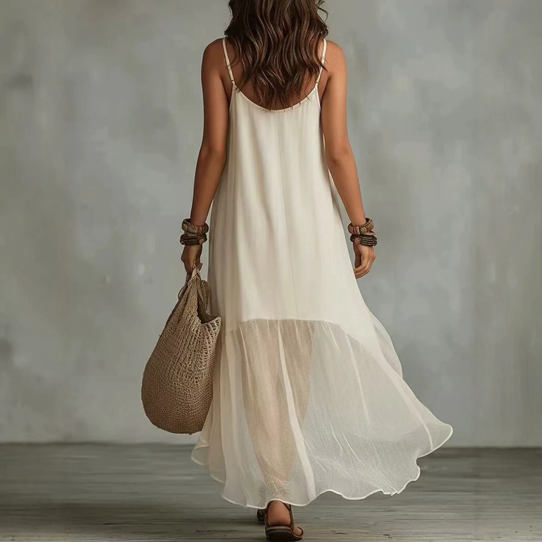 Women's Solid Color Sleeveless Asymmetrical Dress Ivory White
